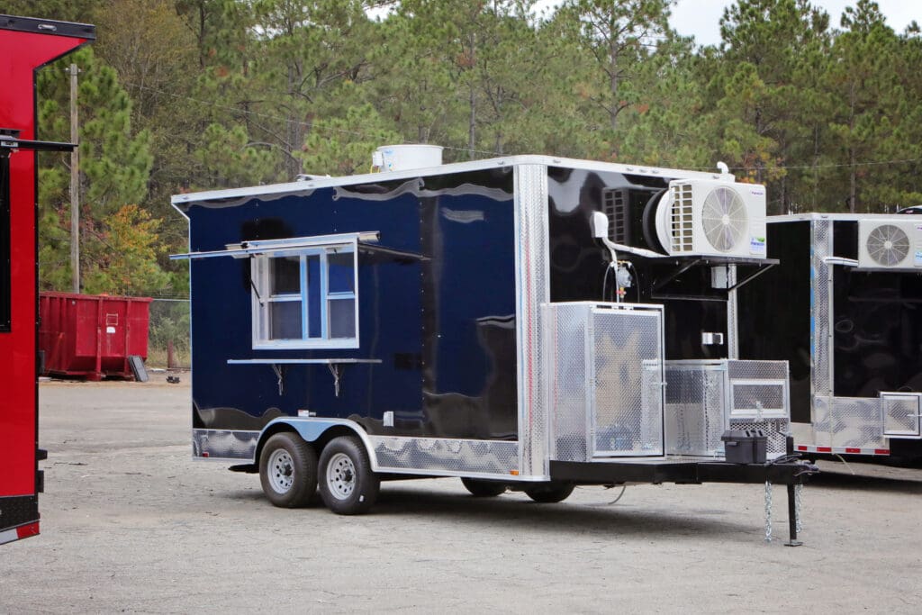 a mobile trailer, and includes key visual details such as its color, the presence of a serving window, and an external air conditioning unit